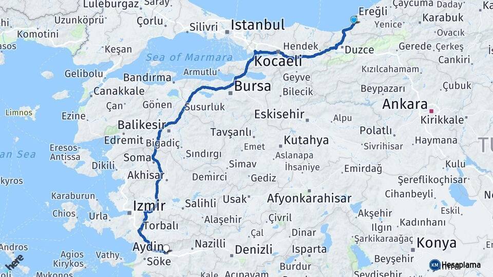 Zonguldak Alaplı Aydın Arası Kaç Km - Yol Haritası