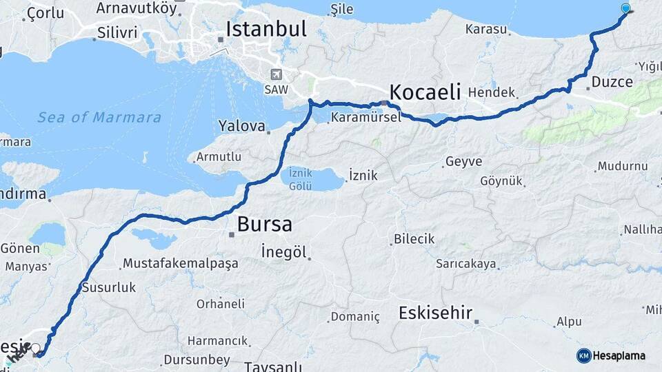 Zonguldak Alaplı Balıkesir Arası Kaç Km - Yol Haritası