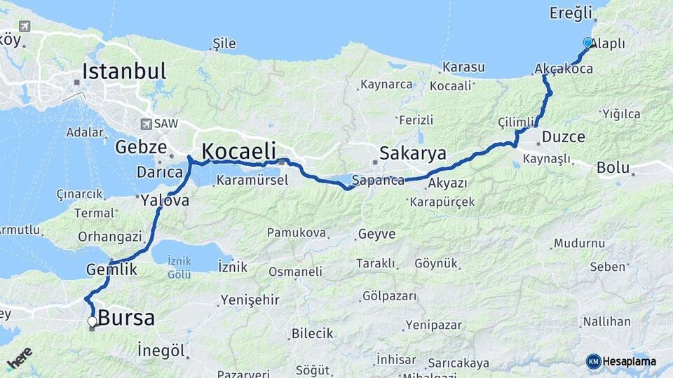 Zonguldak Alaplı Bursa Arası Kaç Km - Yol Haritası