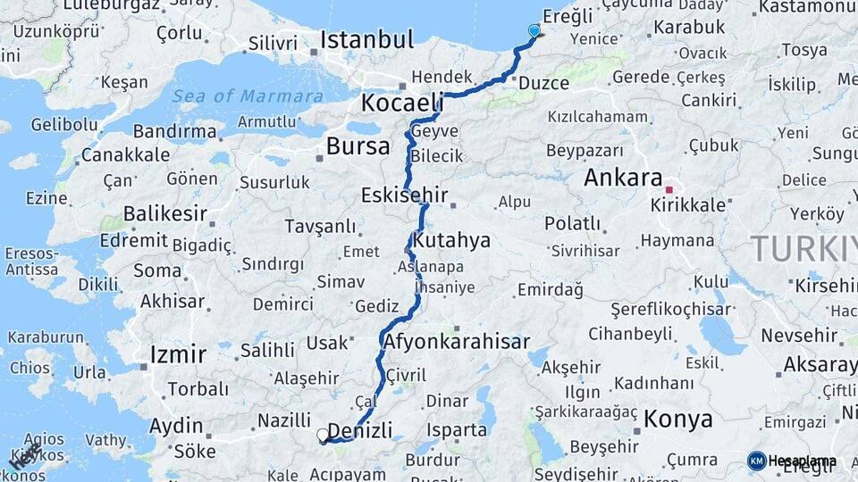 Zonguldak Alaplı Denizli Arası Kaç Km - Yol Haritası