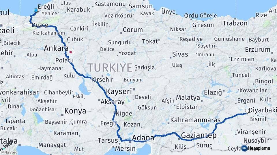 Zonguldak Alaplı Diyarbakır Arası Kaç Km - Yol Haritası