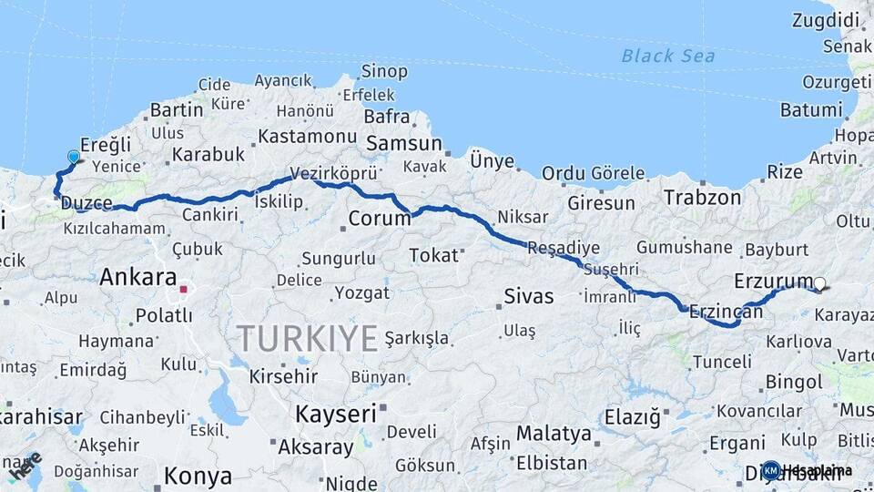 Zonguldak Alaplı Erzurum Arası Kaç Km - Yol Haritası
