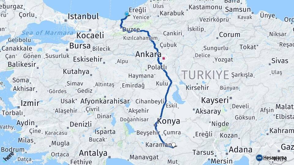 Zonguldak Alaplı Karaman Arası Kaç Km - Yol Haritası