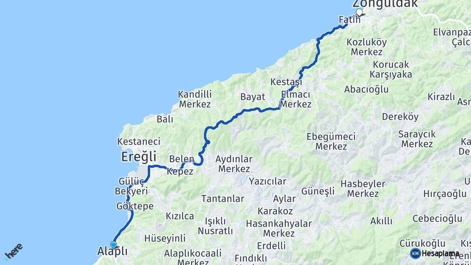 Zonguldak Alaplı Kozlu Arası Kaç Km - Yol Haritası