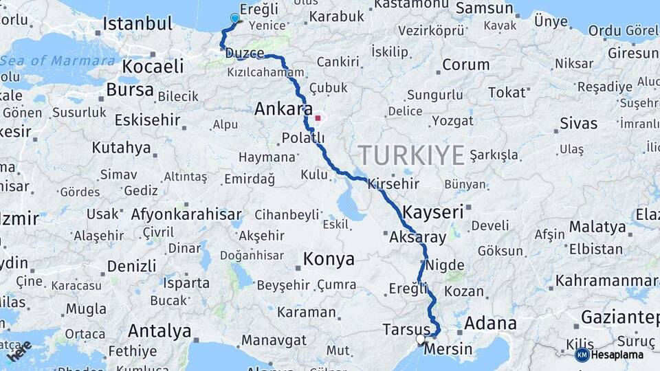 Zonguldak Alaplı Mersin Arası Kaç Km - Yol Haritası