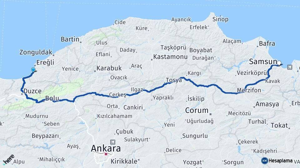 Zonguldak Alaplı Samsun Arası Kaç Km - Yol Haritası