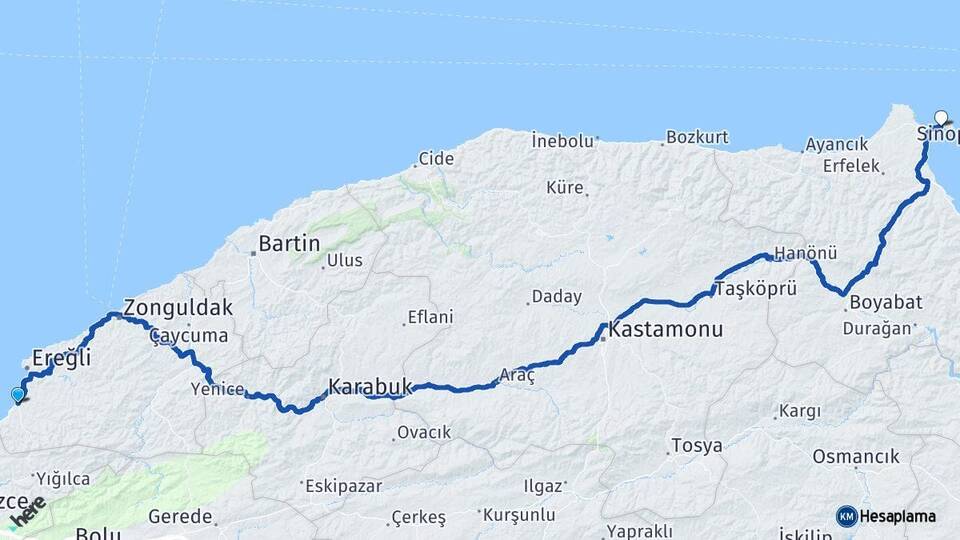 Zonguldak Alaplı Sinop Arası Kaç Km - Yol Haritası