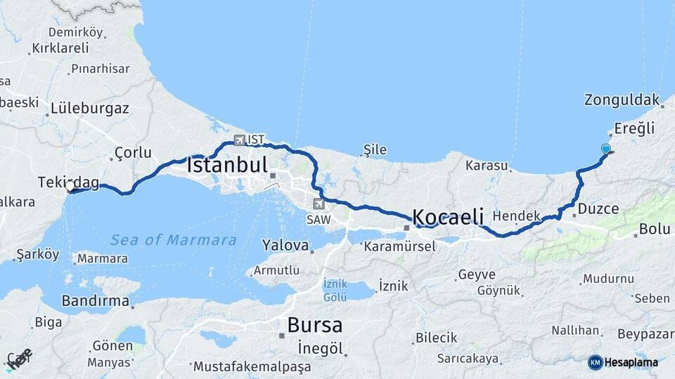 Zonguldak Alaplı Tekirdağ Arası Kaç Km - Yol Haritası
