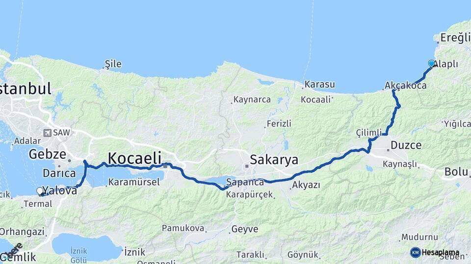 Zonguldak Alaplı Yalova Arası Kaç Km - Yol Haritası