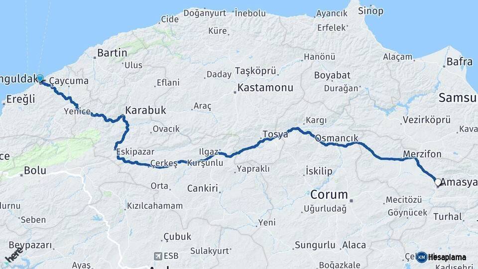 Zonguldak Amasya Arası Kaç Km - Yol Haritası