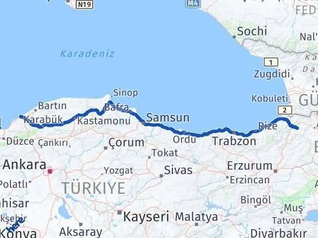 Zonguldak Ardanuç Artvin Arası Kaç Km - Yol Haritası