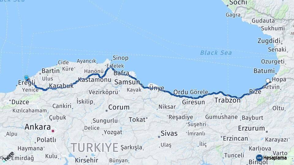 Zonguldak Arhavi Artvin Arası Kaç Km - Yol Haritası