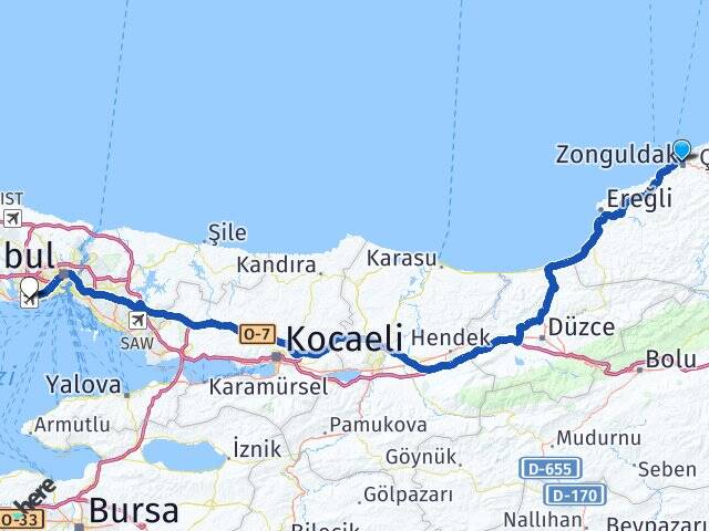 Zonguldak Atatürk Havalimanı Arası Kaç Km - Yol Haritası