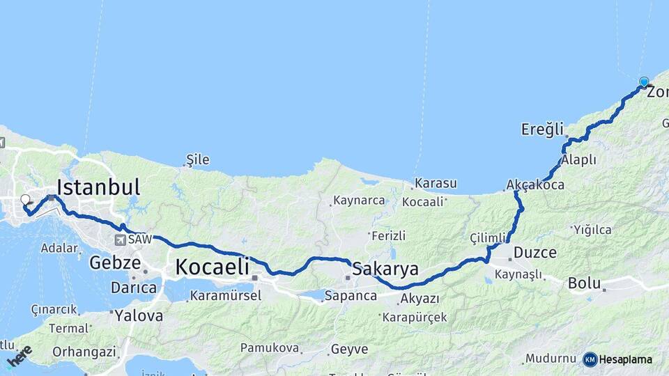 Zonguldak Bağcılar İstanbul Arası Kaç Km - Yol Haritası