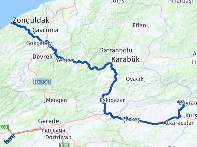 Zonguldak Bayramören Çankırı Arası Kaç Km - Yol Haritası