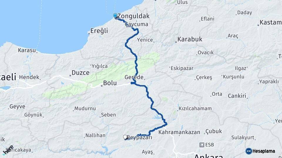 Zonguldak Beypazarı Ankara Arası Kaç Km - Yol Haritası