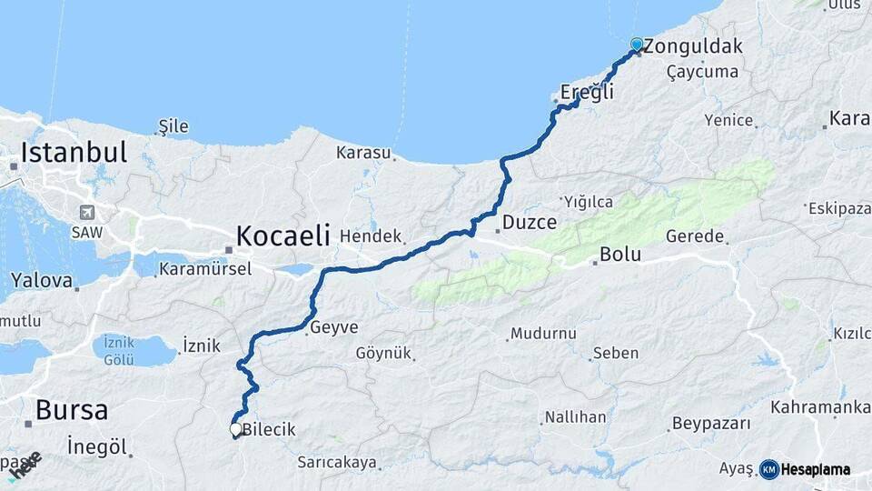 Zonguldak Bilecik Arası Kaç Km - Yol Haritası