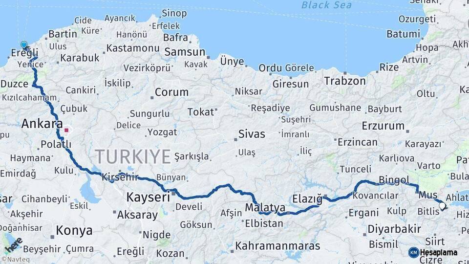 Zonguldak Bitlis Arası Kaç Km - Yol Haritası