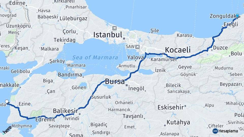 Zonguldak Bozcaada Çanakkale Arası Kaç Km - Yol Haritası