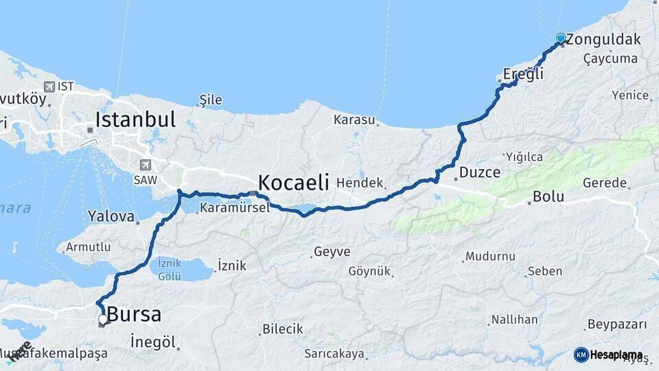 Zonguldak Bursa Arası Kaç Km - Yol Haritası