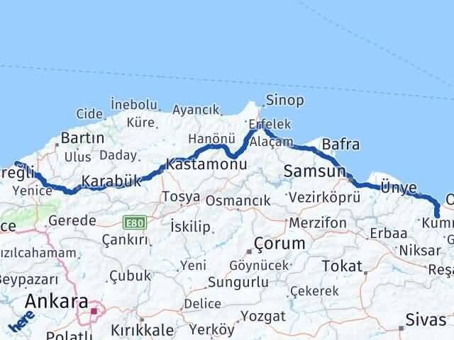 Zonguldak Çamaş Ordu Arası Kaç Km - Yol Haritası