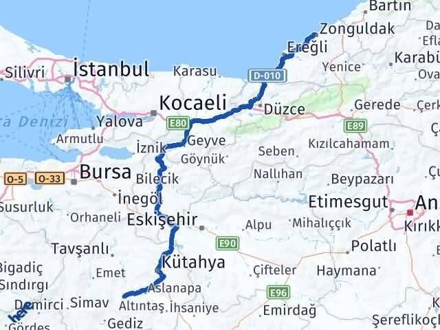 Zonguldak Çavdarhisar Kütahya Arası Kaç Km - Yol Haritası
