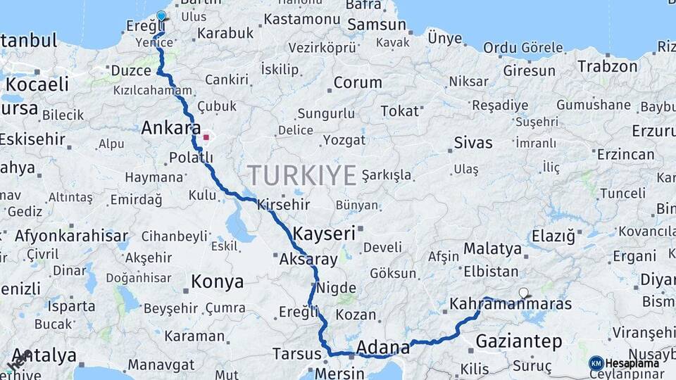Zonguldak Çaycuma Adıyaman Arası Kaç Km - Yol Haritası