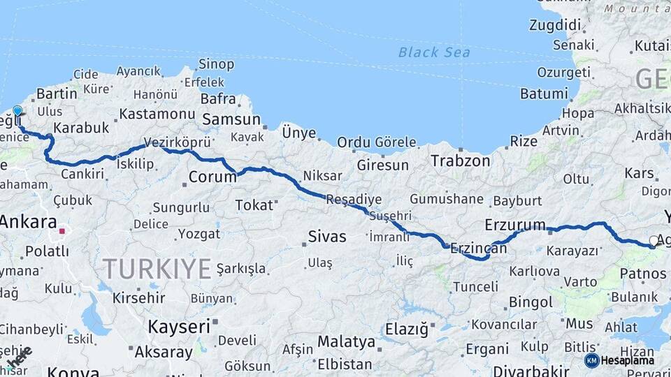 Zonguldak Çaycuma Ağrı Arası Kaç Km - Yol Haritası