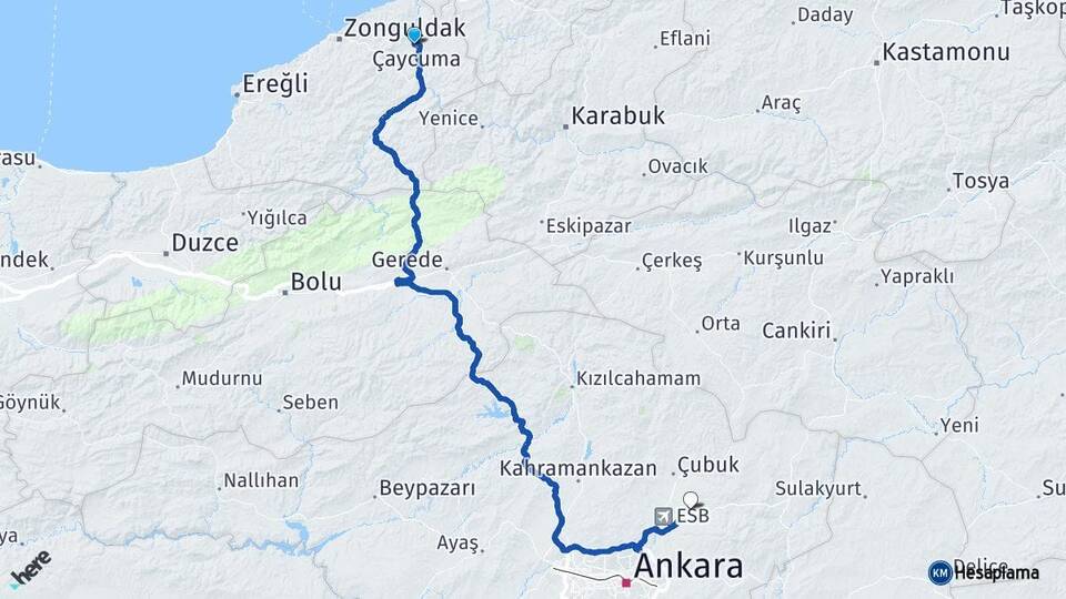 Zonguldak Çaycuma Akyurt Ankara Arası Kaç Km - Yol Haritası
