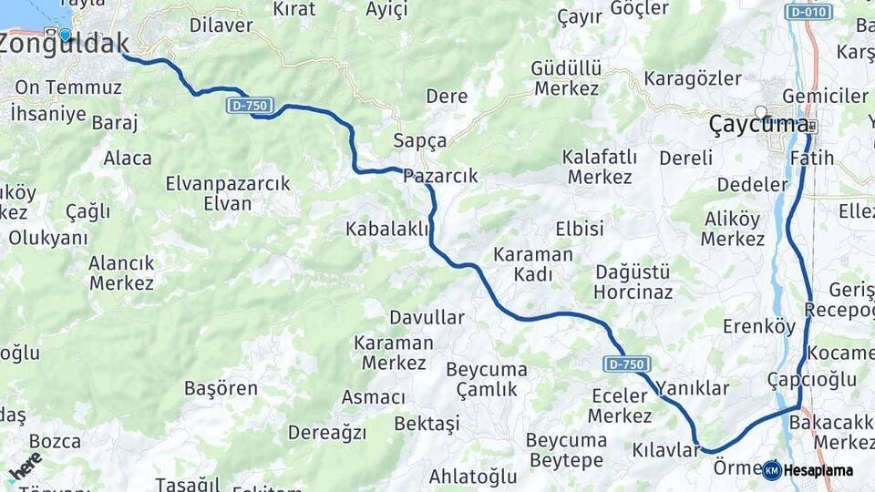 Zonguldak Çaycuma Arası Kaç Km - Yol Haritası