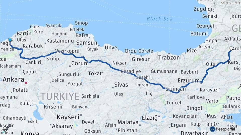 Zonguldak Çaycuma Ardahan Arası Kaç Km - Yol Haritası