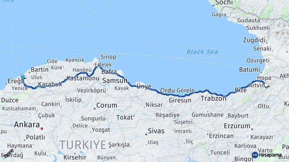 Zonguldak Çaycuma Artvin Arası Kaç Km - Yol Haritası
