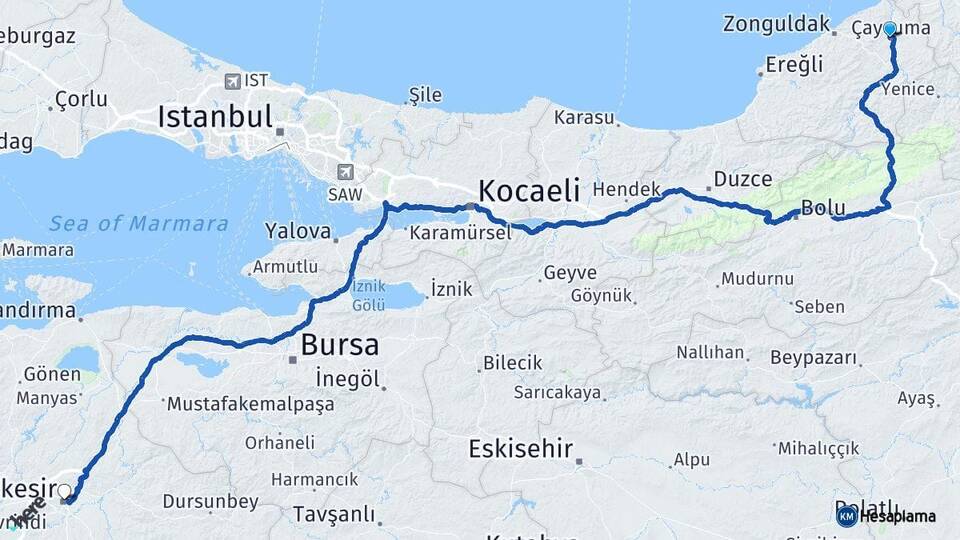 Zonguldak Çaycuma Balıkesir Arası Kaç Km - Yol Haritası