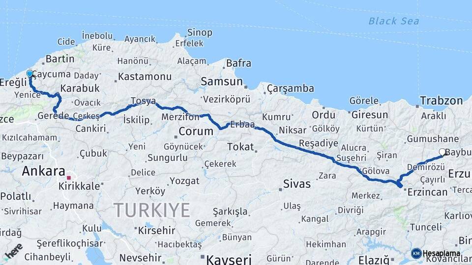 Zonguldak Çaycuma Bayburt Arası Kaç Km - Yol Haritası