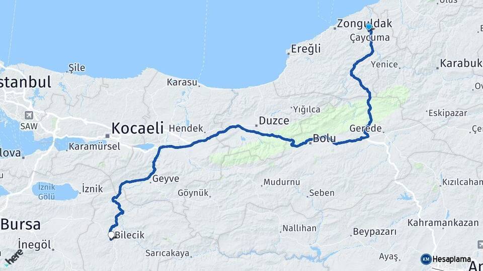 Zonguldak Çaycuma Bilecik Arası Kaç Km - Yol Haritası