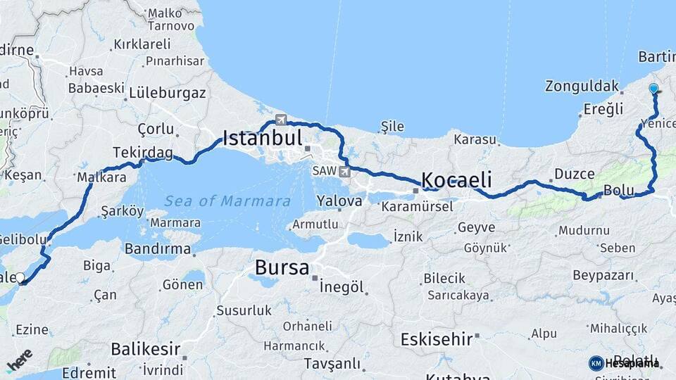 Zonguldak Çaycuma Çanakkale Arası Kaç Km - Yol Haritası