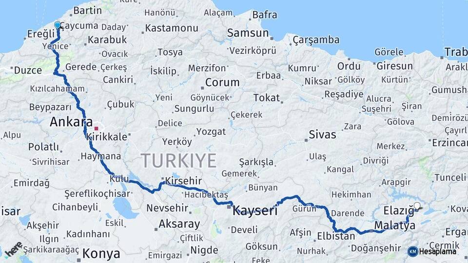 Zonguldak Çaycuma Elazığ Arası Kaç Km - Yol Haritası
