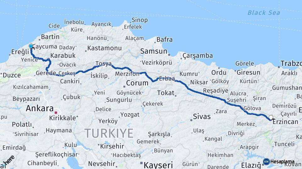 Zonguldak Çaycuma Erzincan Arası Kaç Km - Yol Haritası