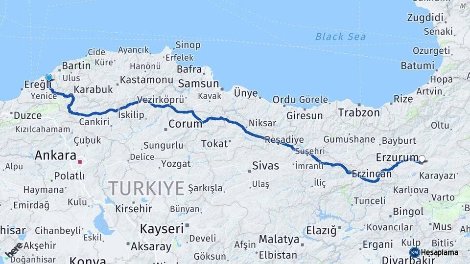 Zonguldak Çaycuma Erzurum Arası Kaç Km - Yol Haritası