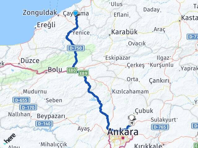 Zonguldak Çaycuma Esenboğa Çubuk Ankara Arası Kaç Km - Yol Haritası