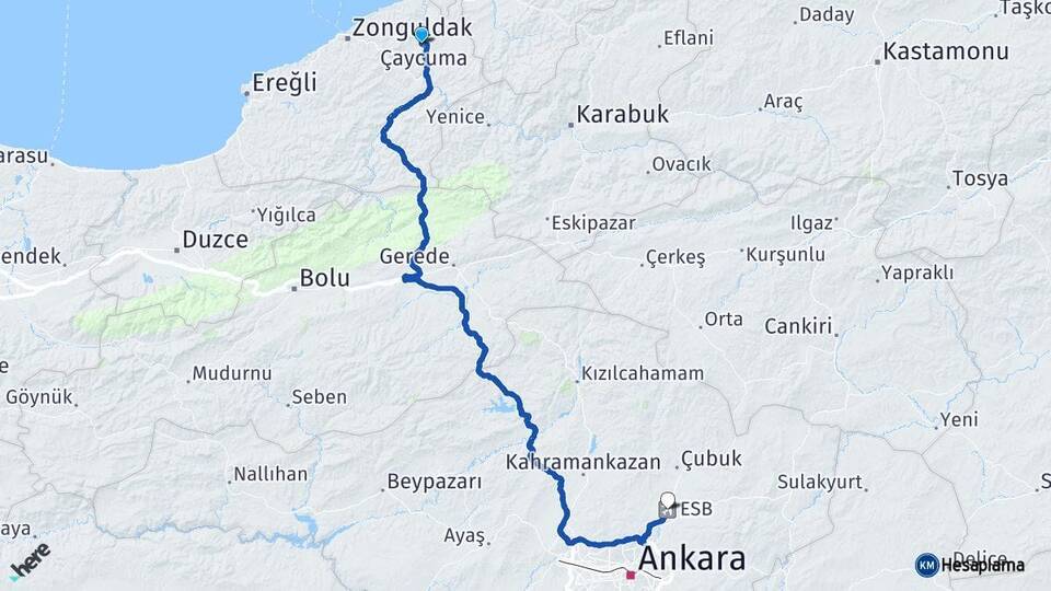 Zonguldak Çaycuma Esenboğa Havalimanı Arası Kaç Km - Yol Haritası