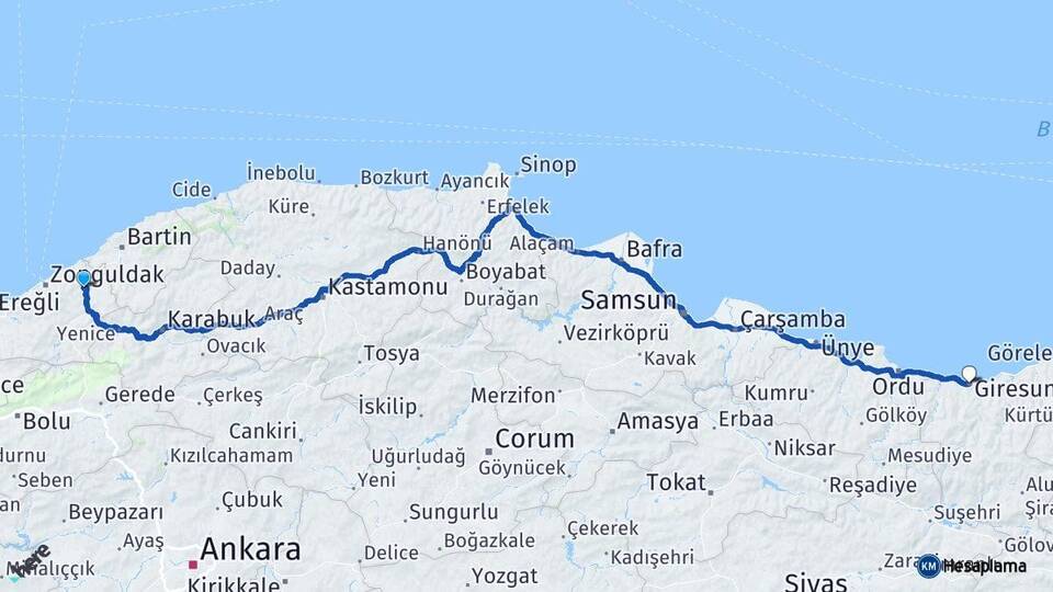 Zonguldak Çaycuma Giresun Arası Kaç Km - Yol Haritası