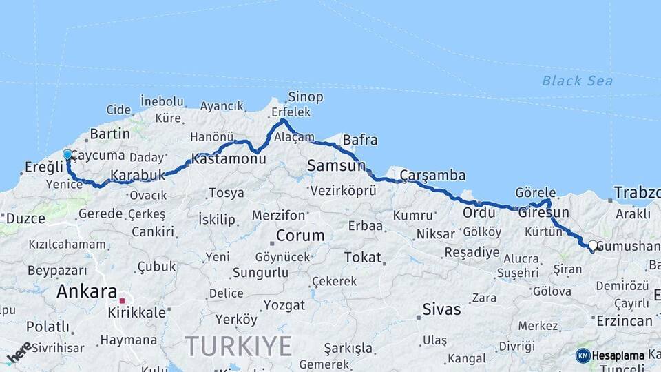 Zonguldak Çaycuma Gümüşhane Arası Kaç Km - Yol Haritası