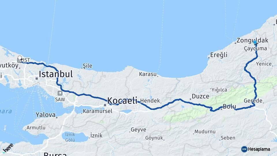 Zonguldak Çaycuma İstanbul Havalimanı Arası Kaç Km - Yol Haritası