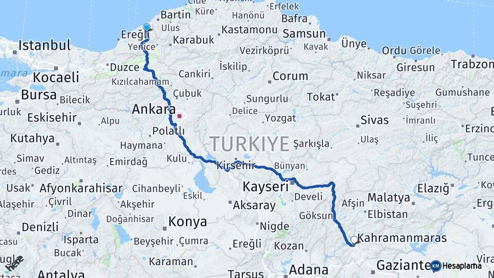 Zonguldak Çaycuma Kahramanmaraş Arası Kaç Km - Yol Haritası