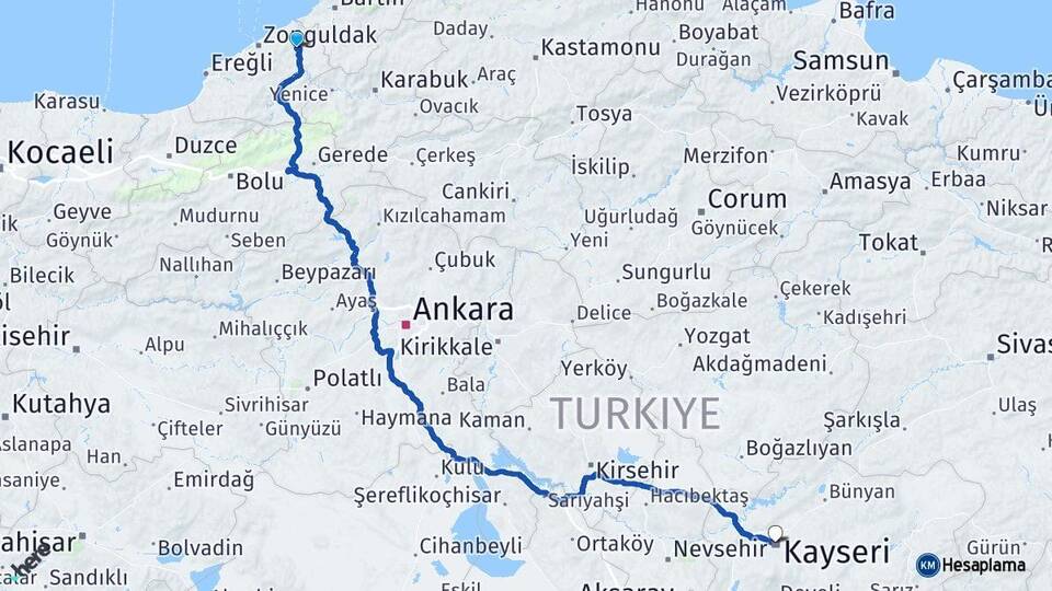 Zonguldak Çaycuma Kayseri Arası Kaç Km - Yol Haritası