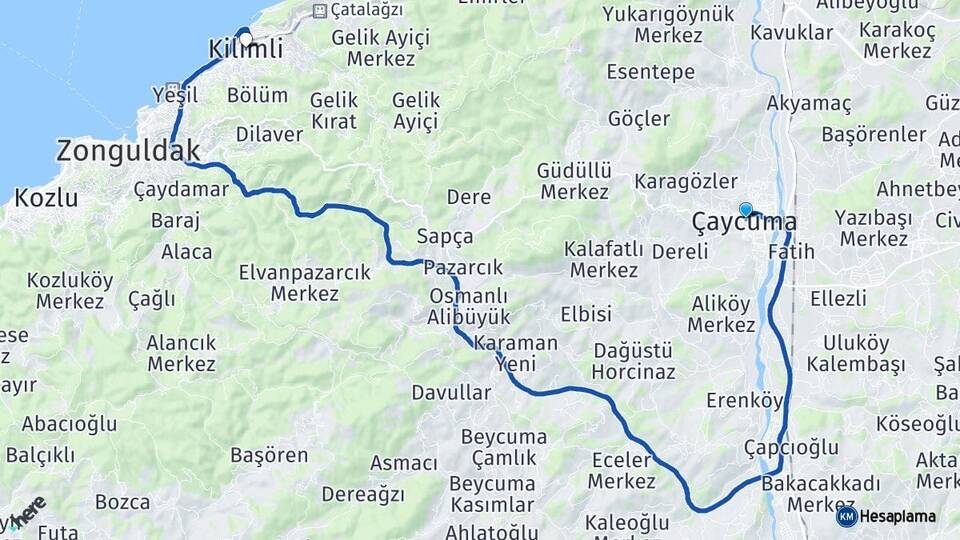 Zonguldak Çaycuma Kilimli Arası Kaç Km - Yol Haritası
