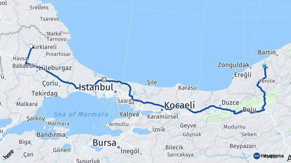 Zonguldak Çaycuma Kırklareli Arası Kaç Km - Yol Haritası