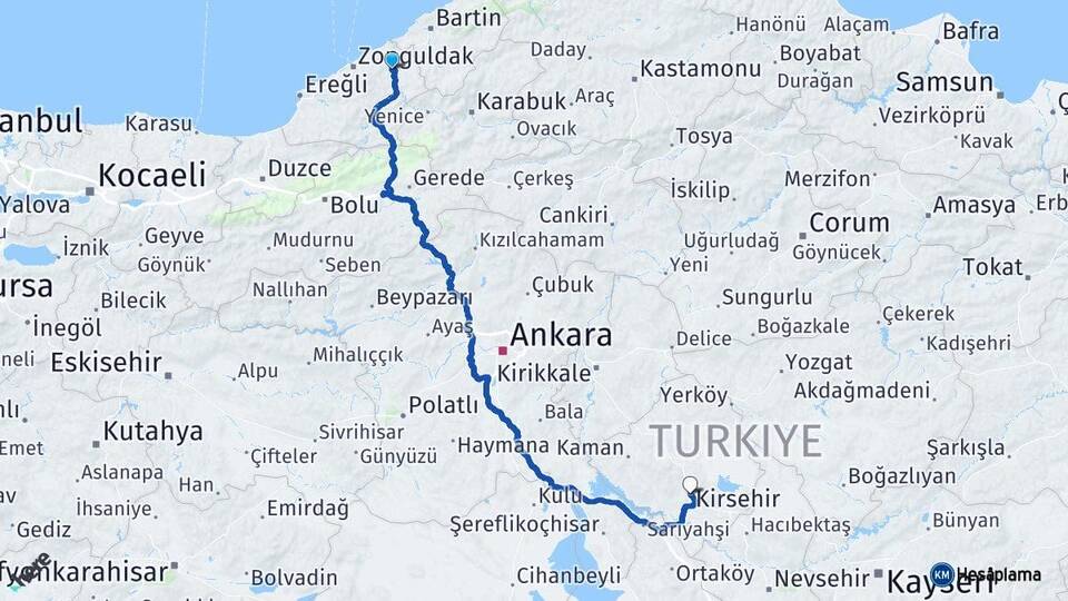 Zonguldak Çaycuma Kırşehir Arası Kaç Km - Yol Haritası
