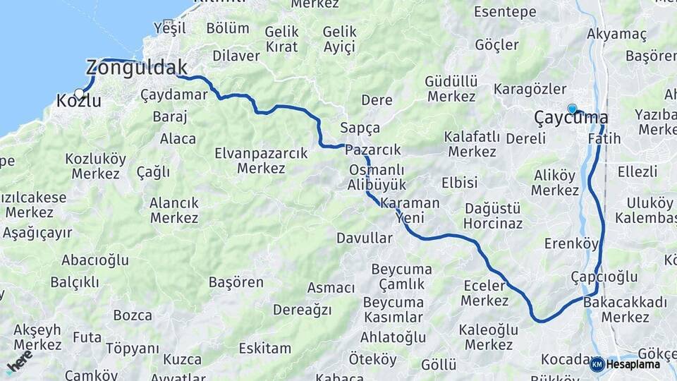 Zonguldak Çaycuma Kozlu Arası Kaç Km - Yol Haritası